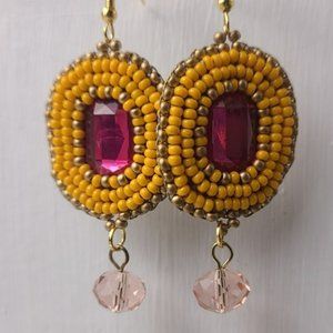 Pink And Orange Dangle Bohemian Beaded Rhinesto Earrings